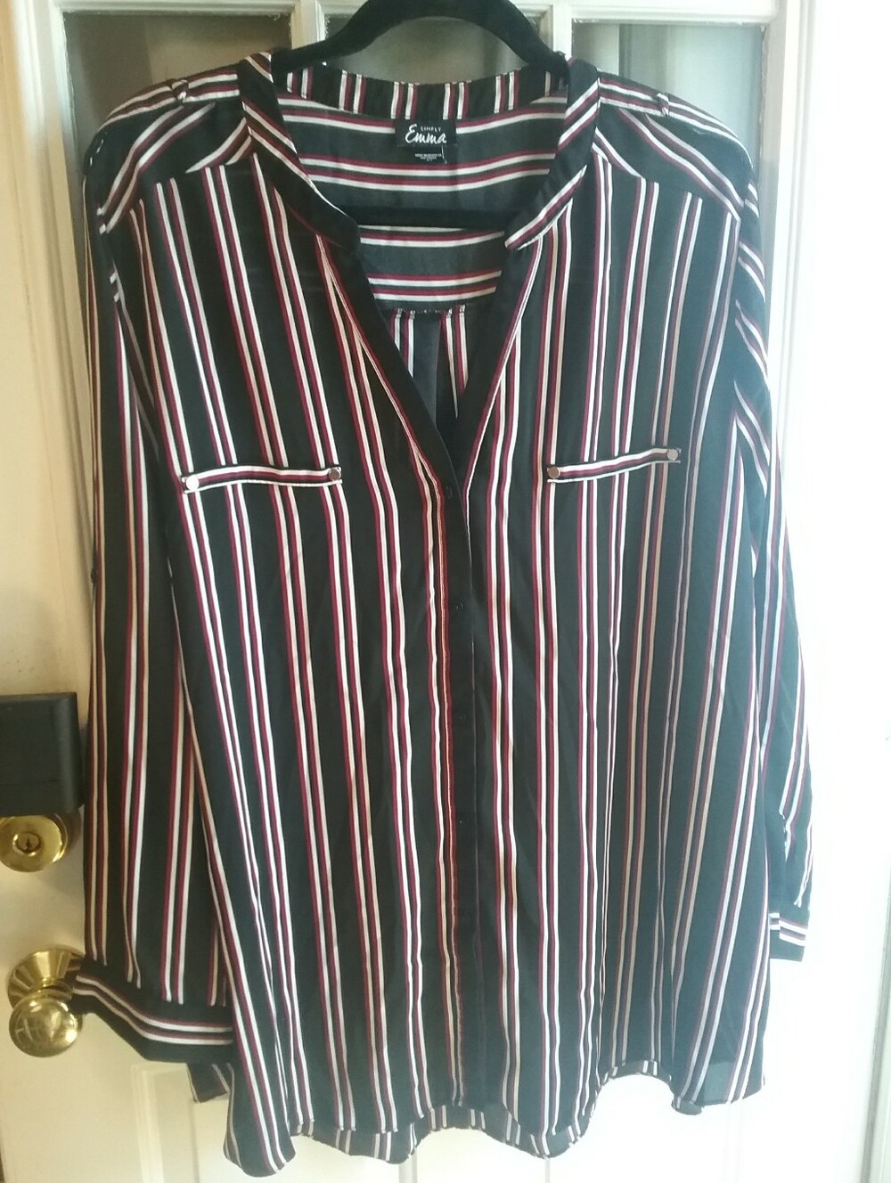 Simply Emma Black, Red & White Striped Button-Front Top with Gold Accents - 3X